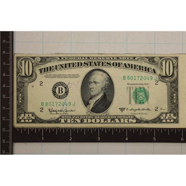 ERROR-1950-D US $10 FRN, GREEN SEAL. OFF CENTER