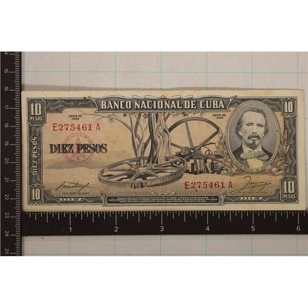 1958 CUBA 10 PESO BILL  2 SMALL PUNCH HOLES CRISP