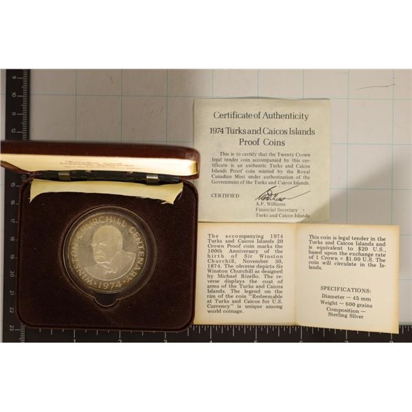 1974 TURKS AND CAICOS ISLANDS PROOF 20 CROWN