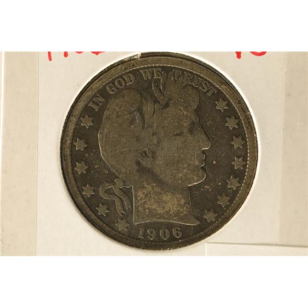 1906 SILVER BARBER HALF DOLLAR VERY GOOD