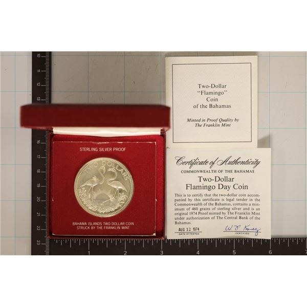 1974 BAHAMAS STERLING SILVER PROOF $2 COIN