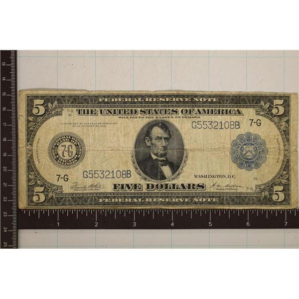 1914 US $5 LARGE SIZE FEDERAL RESERVE NOTE