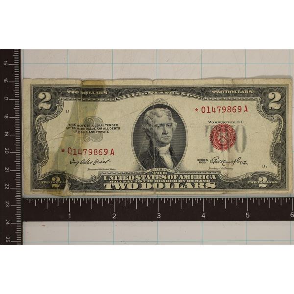 1953 US $2 STAR RED SEAL NOTE. TAPE ON LEFT SIDE