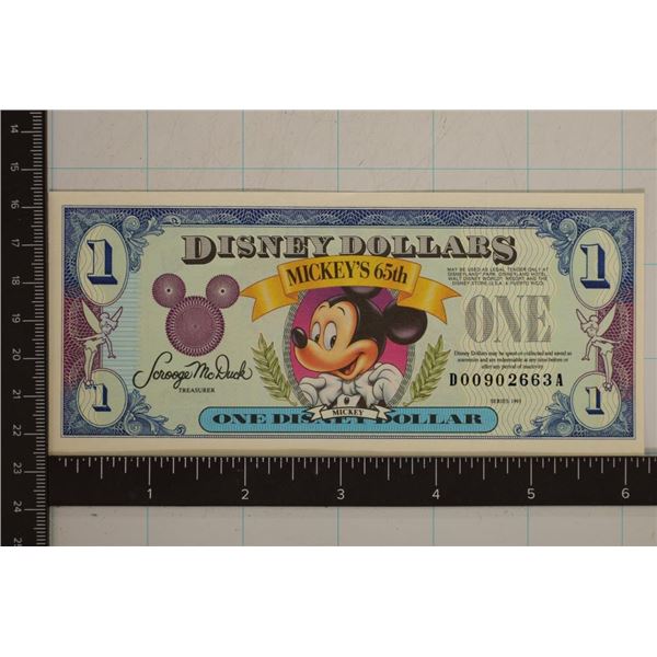 1993 DISNEY $1 CRISP UNC COLORIZED BILL