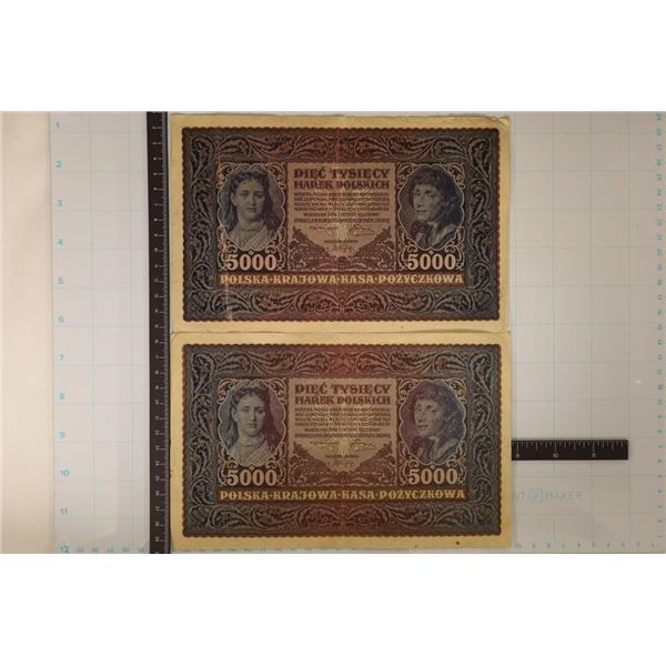 2-1920 POLAND 5000 MAREK LARGE COLORIZED BILLS