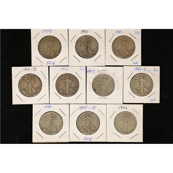 10-SILVER WALKING LIBERTY HALF DOLLARS: 1939,