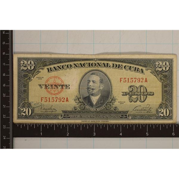 1949 CUBA 20 PESO BILL. SMALL INK SPOT SLIGHTLY