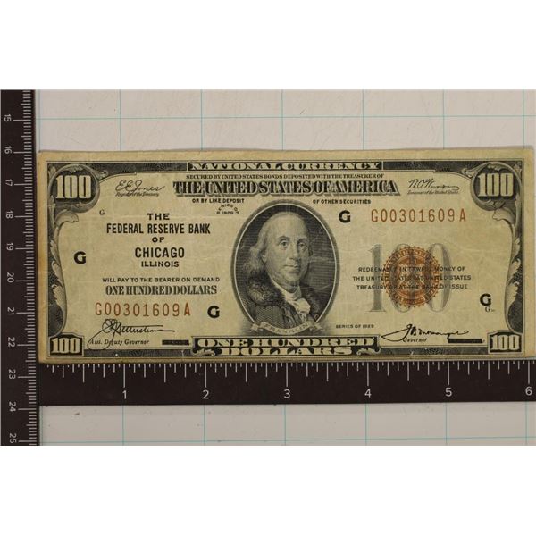 1929 US $100 NATIONAL CURRENCY, BROWN SEAL
