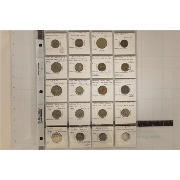 20 ASSORTED METAL TRANSPORTATION TOKENS: 1920-