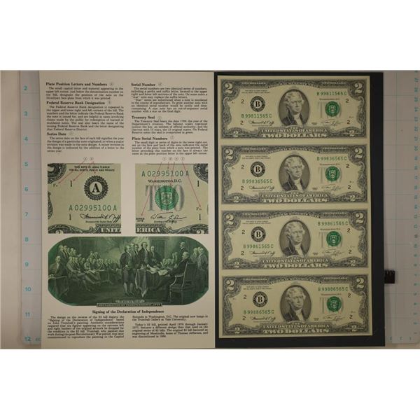 UNCUT SHEET OF 4-1976 US $2 FRN NOTES CRISP UNC