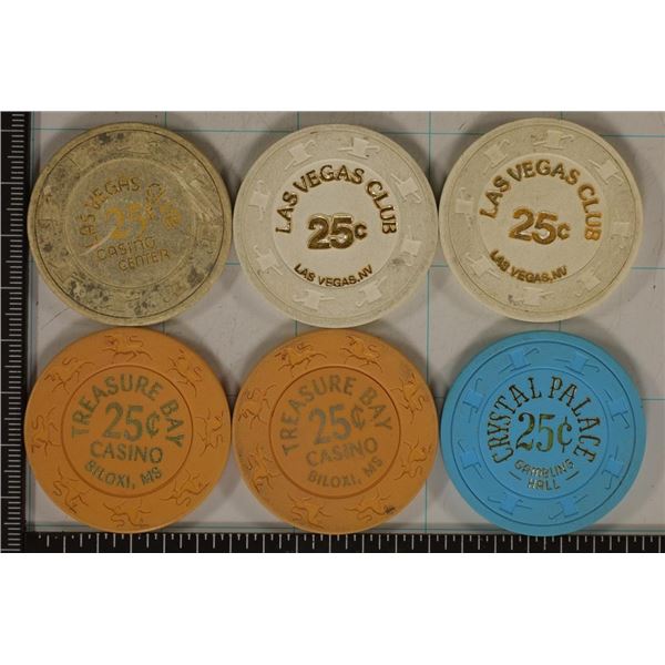 6 PLASTIC 25 CENT CASINO GAMING TOKENS: