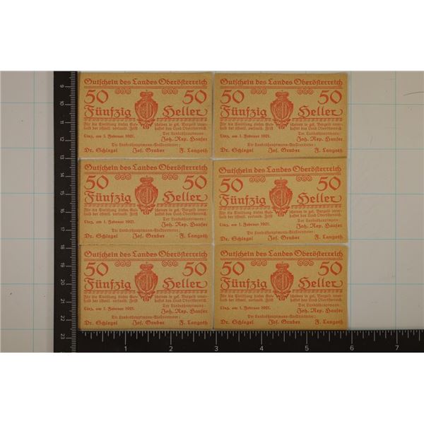 6-1921 AUSTRIA 50 HELLERS SMALL NOTES ALL AU/UNC