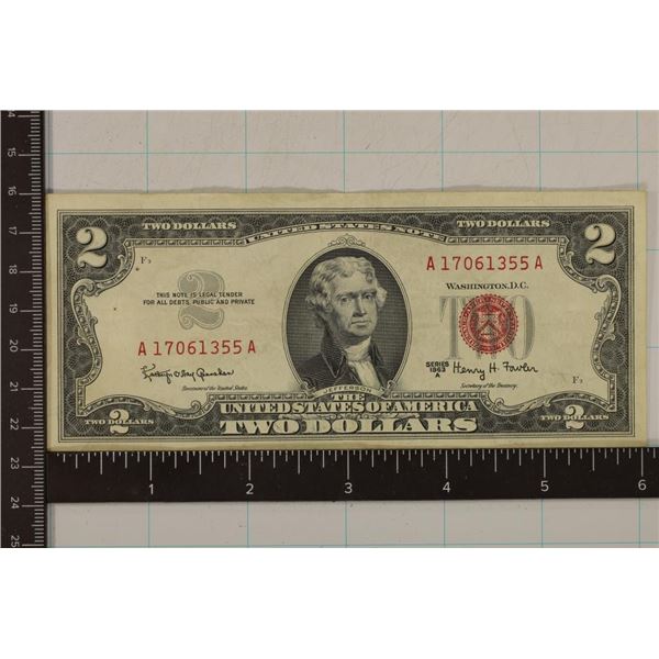 1963-A US RED SEAL $2 NOTE WITH STAPLE HOLES ON