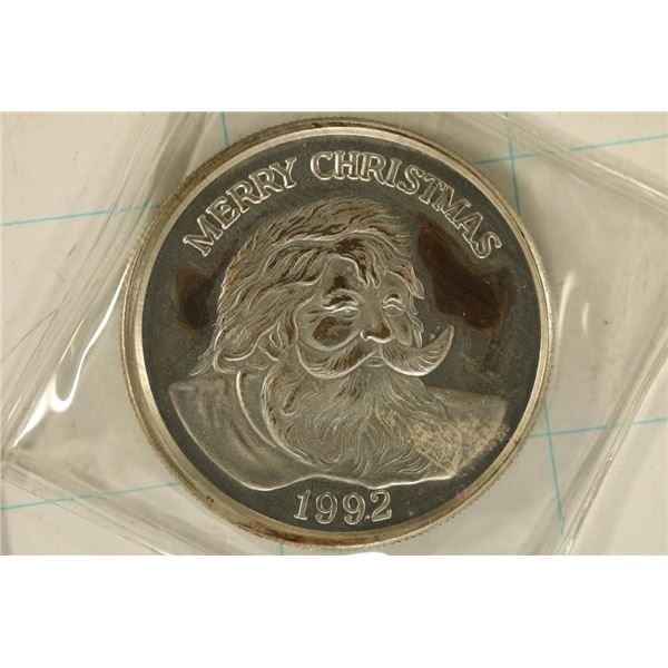 1 TROY OZ 999 FINE SILVER UNC ROUND 1992 CHRISTMAS