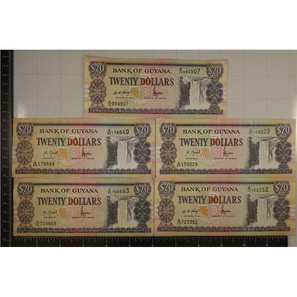 5-GUYANA $20 COLORIZED BILLS