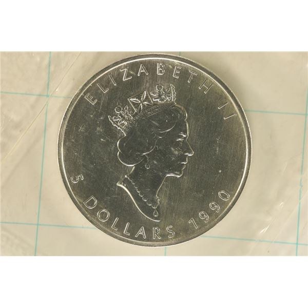 1990 CANADA SILVER $5 MAPLE LEAF, 1 TROY OZ .9999
