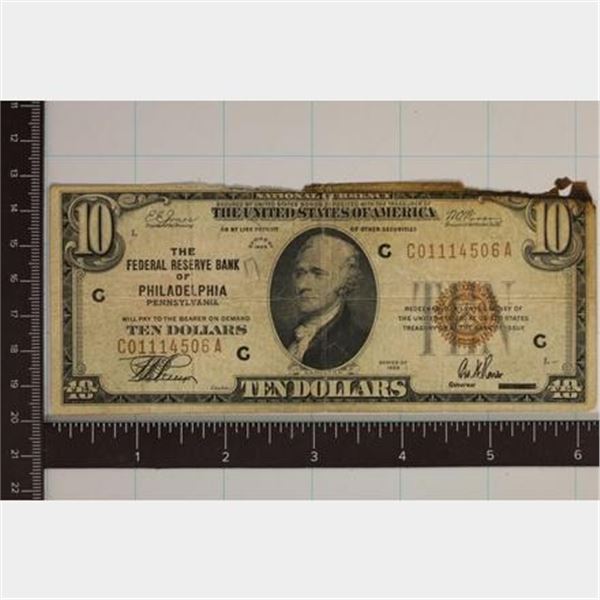 1929 $10 NATIONAL CURRENCY. RESERVE BANK OF