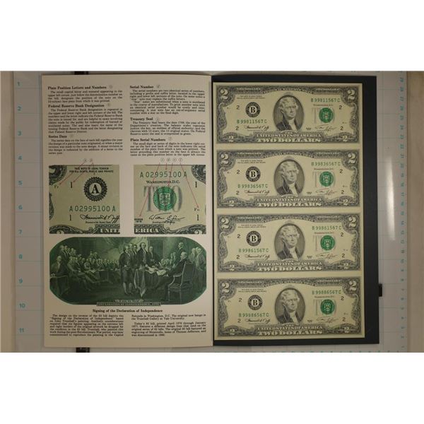 UNCUT SHEET OF 4-1976 US $2 GREEN SEAL BILLS