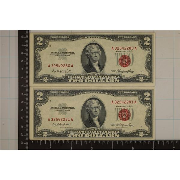 2-CRISP UNC US $2 NOTES WITH CONSECUTIVE SERIAL