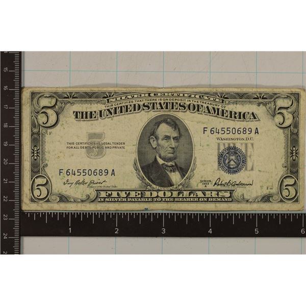 1953-A US $5 SILVER CERTIFICATE BLUE SEAL