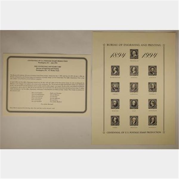 CENTENNIAL OF US POSTAGE STAMP PRODUCTION SOUVENIR