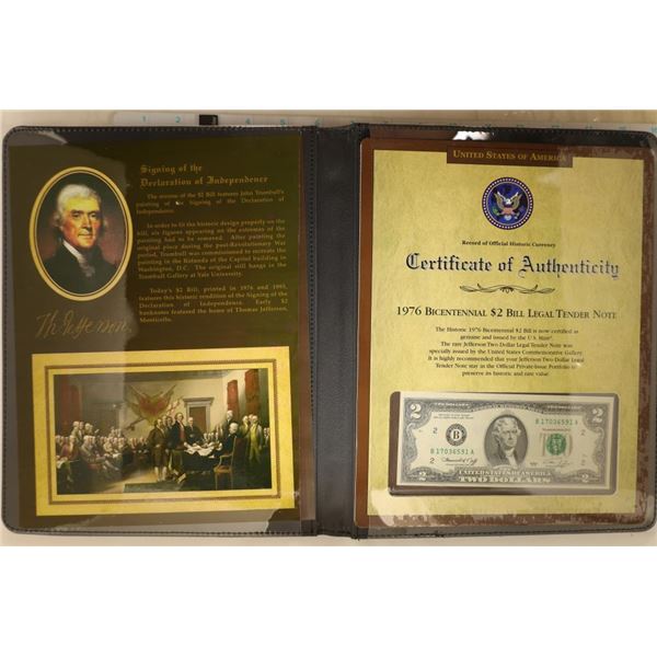 CRISP UNC 1976 US $2 BILL IN LARGE BLACK FOLIO
