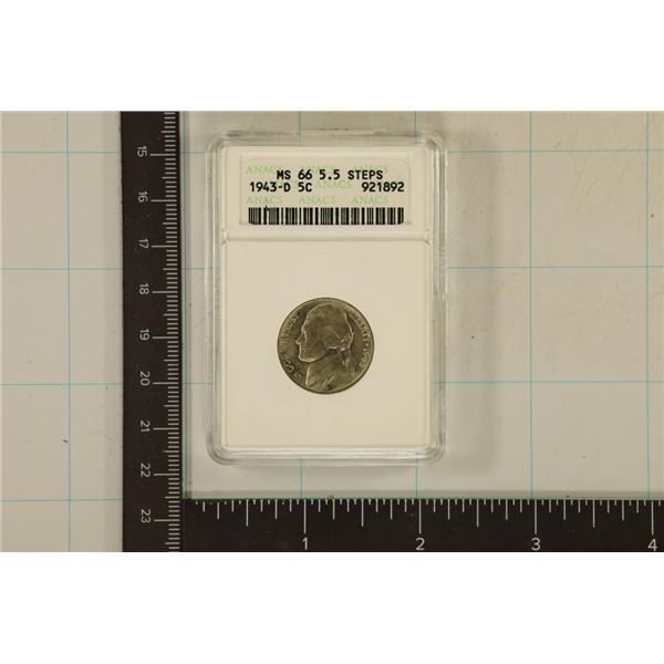 1943-D 35% SILVER JEFFERSON WAR NICKEL ANACS MS66