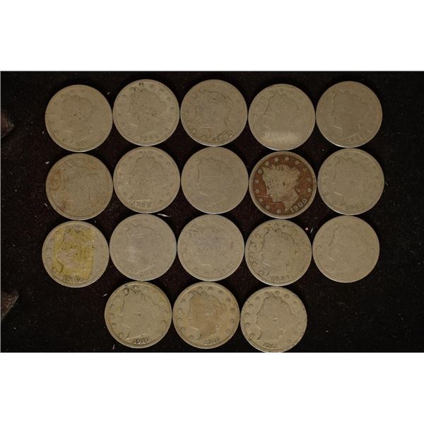 18 ASSORTED LIBERTY "V" NICKELS. 1891-1911