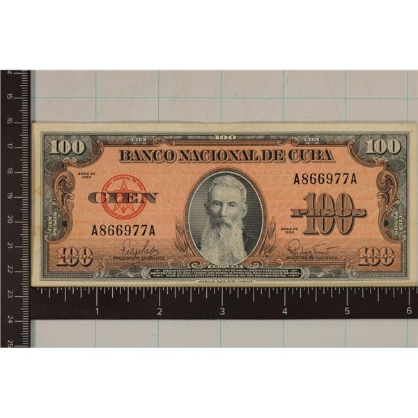 1959 CUBA 100 PESO BILL WITH "AGUILERA" CRISP AU