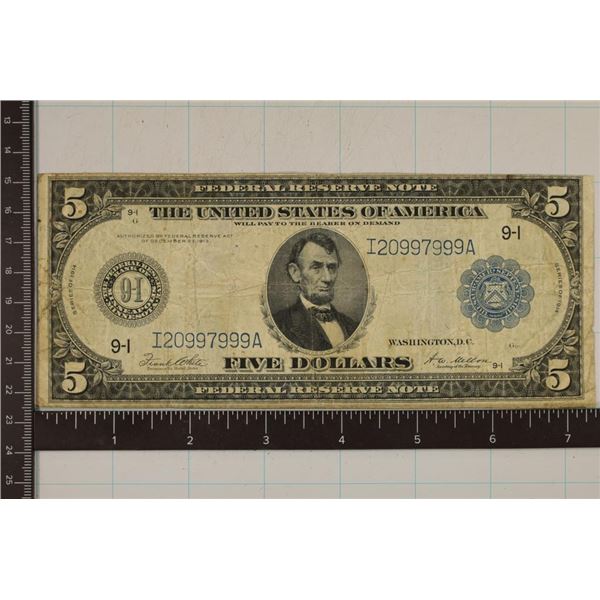 1914 US LARGE SIZE BLUE SEAL $5 HORSE BLANKET BILL