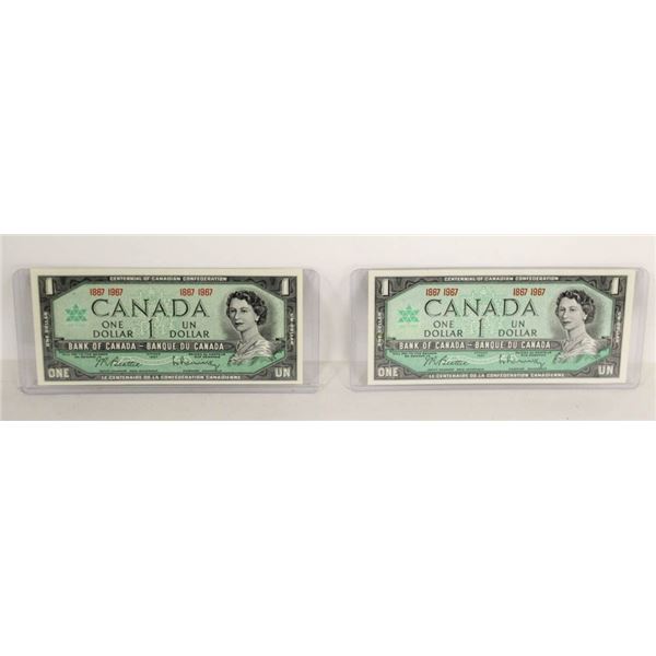 PAIR 1967 UNCIRCULATED CANADA $1 BILLS