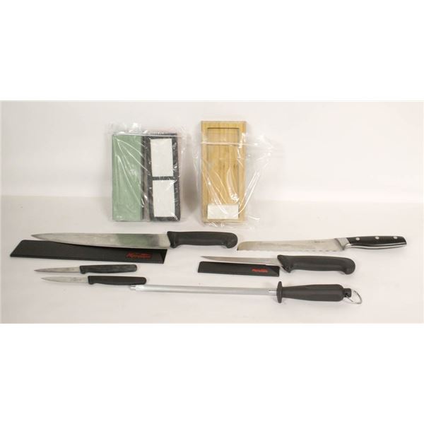 CHEFS KNIVES WITH SHARPENING STONES LOT