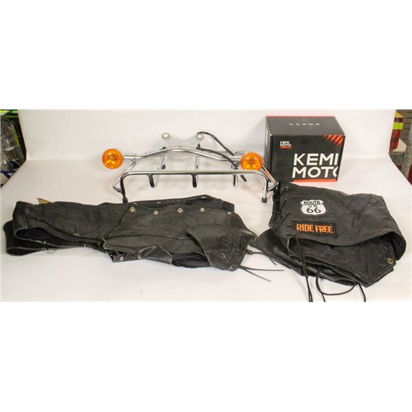 BOX ASSORT MOTORCYCLE PARTS & VESTS