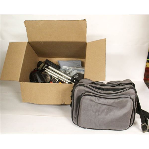 BOX ASSORTED CAMERA GEAR CAMERAS ETC