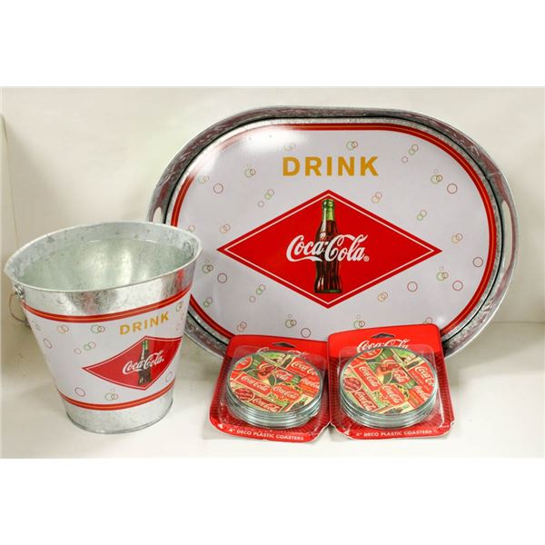 COCA COLA TRAY, BUCKET AND COASTERS
