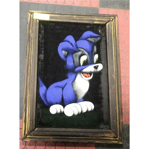 VELVET PAITING OF A DOG IN WOOD FRAME