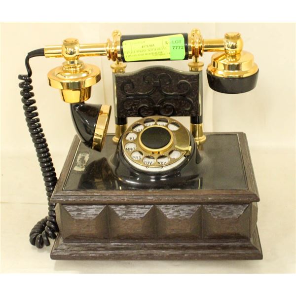 ANTIQUE PHONE WITH BRASS FITTINGS AND WOOD BASE