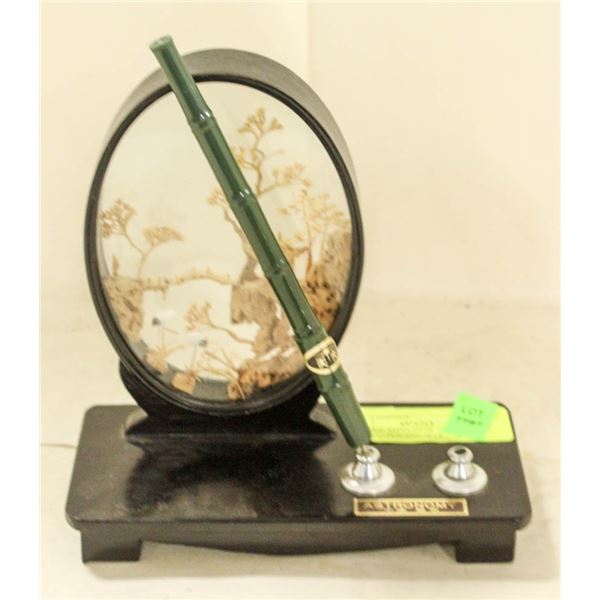 VINTAGE ASIAN DESK TOPPER WITH BAMBOO PEN AND