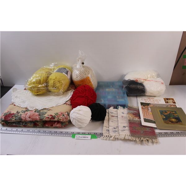 (9) Balls of Yarn, Sewing Thread Kit, (3) Doilies, Seat Cushion, Crochet Book, Cloth Coasters