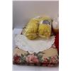 Image 2 : (9) Balls of Yarn, Sewing Thread Kit, (3) Doilies, Seat Cushion, Crochet Book, Cloth Coasters