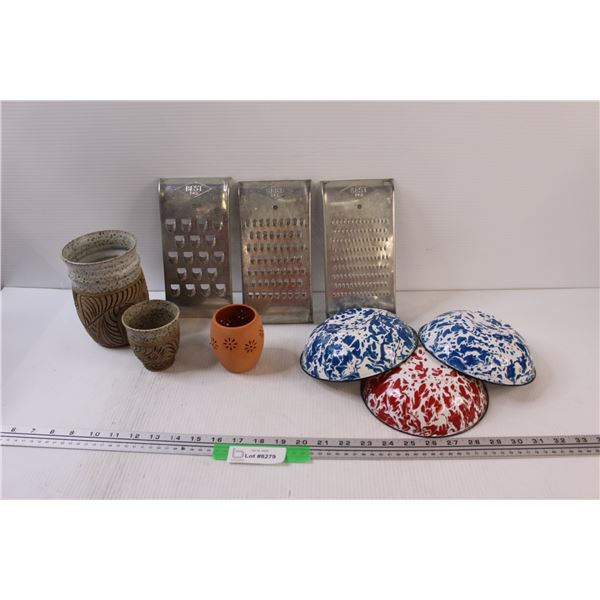 (3) Enamel Bowls, (3) Clay Pots, (3) Vintage Cheese Graders