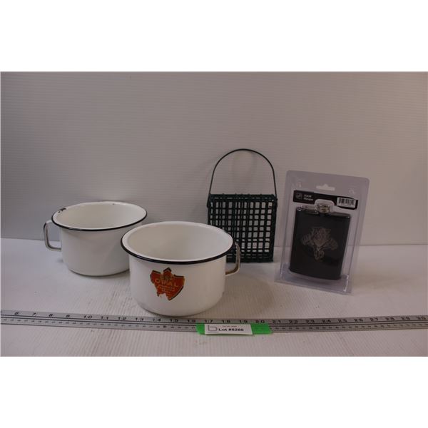 (2) Enamel Pots w/ Handles 4" x 7", Florida Panthers Flask, Sweet Feeder