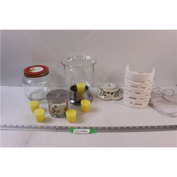 Plug-in Wall Mount Sconce - Powers On, (5) Vanilla Scented Candles, (2) Candle Jars, Peanut Jar