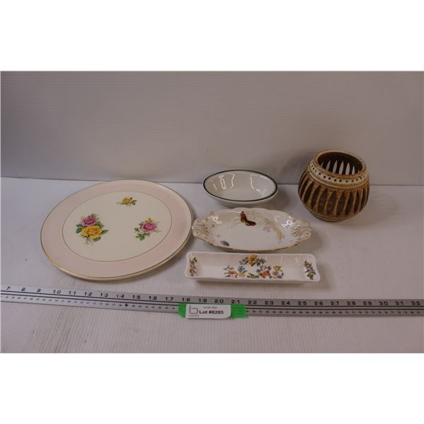 (4) Serving Dishes, Clay Candle Holder