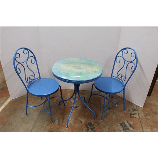 * Blue Metal Patio Set w/(2) Chairs - Table: 24" x 29" Chairs: Seat - 17" Backrest - 36"