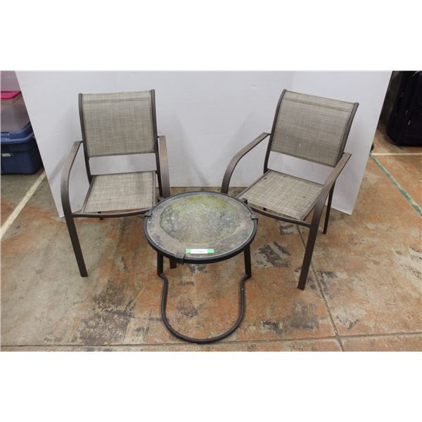 * (2) Patio Chairs & Glass Top End Table - 20" x 21" - Some Wear