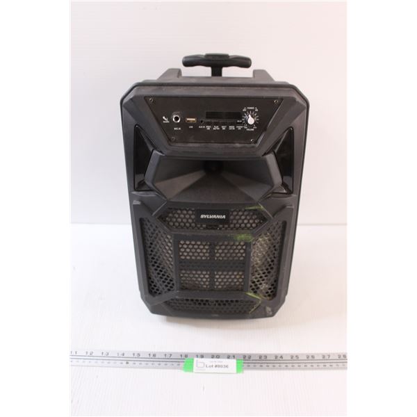 Sylvania Bluetooth Speaker w/Handle & Wheels - Powers On, as is - 16" x 10" x 7"