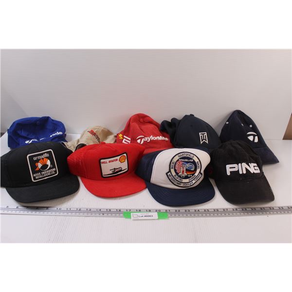 (9) Baseball Hats: Spacelab, Taylor Made, Armadillo, Ping, Molson, Misc.