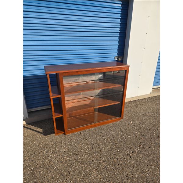 ***MCM Cabinet - Glass Sliding Doors & Mirror Back, Side Wood Shelves - 50" x 17" 43"Tall