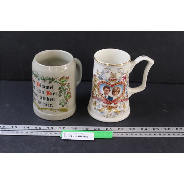 (2) Small Stoneware Beer Steins Including "Princess Diana"